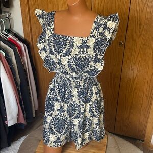 SHEIN Navy and Cream Damask Ruffle Romper
